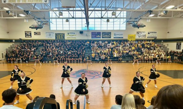 The cheerleaders performing at the pep rally. 